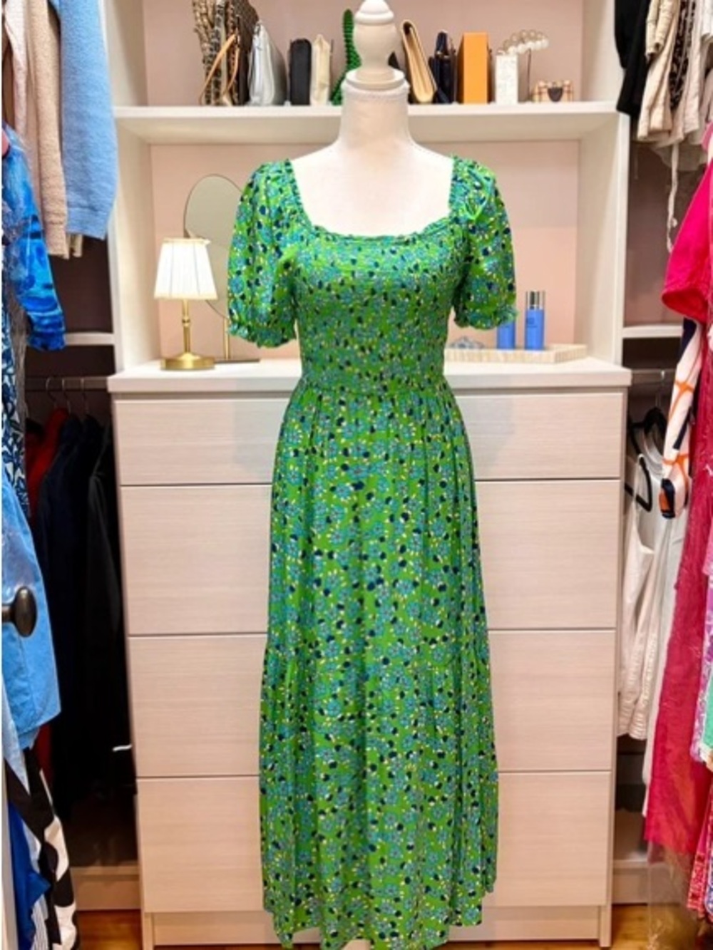 Bright Green Floral Square-Neck Maxi Dress